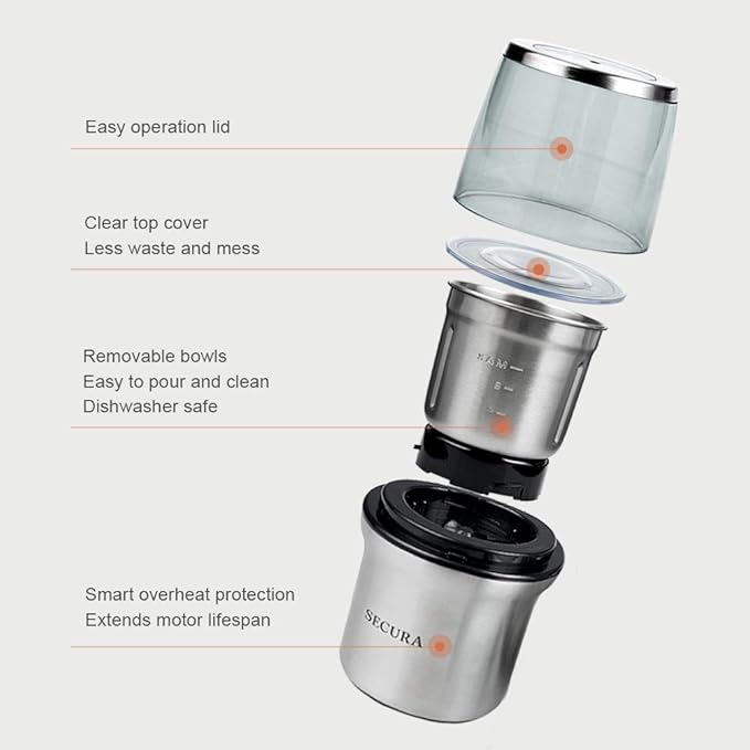 Secura Electric Coffee Grinder with 2 Removable Bowls and French Press 50-Ounce, Stainless Steel Coffee Press