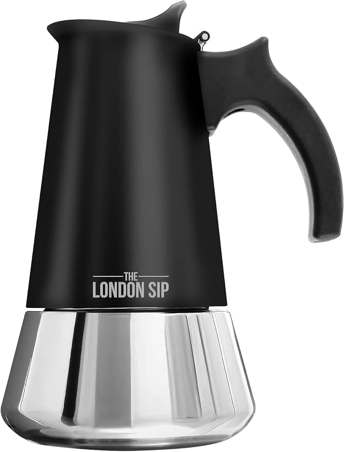 London Sip Stainless Steel Stovetop Espresso Maker Moka Pot Italian Coffee Percolator, Matte Black, 6 Cup