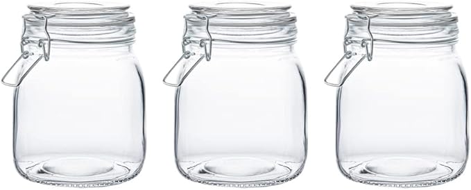 Restaurantware-Vetri 30.4 Ounces Glass Storage Jars, 3-Piece Dishwashable Glass Cookie Jars - Airtight Seal, Hot & Cold Friendly, Clear Candy Container, For Kitchen, Laundry, Or Storage