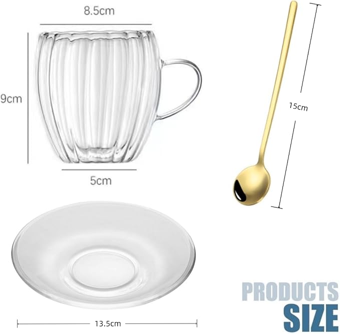 Double Wall Glass Coffee Mugs, 8.5oz/260ml, Clear, 2 Pack | Pumpkin Shaped Tumblers With Saucer and Spoon, For Cappuccino, Latte, Hot and Cold Drinks