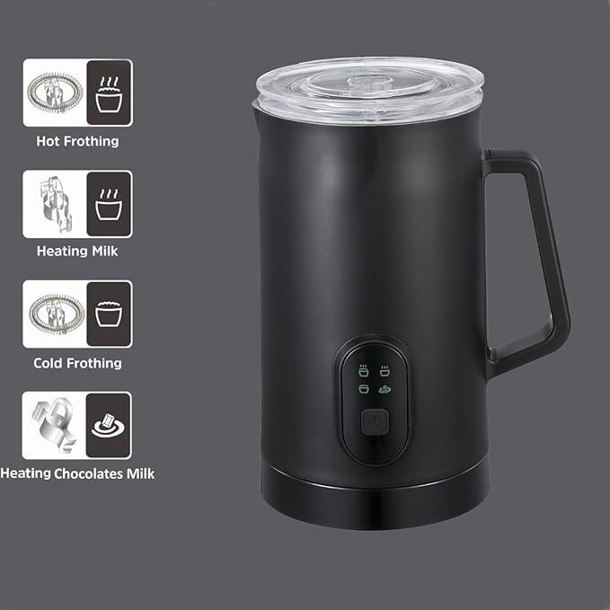 4 IN 1 Electric Milk Frother, Automatic Hot & Cold Milk Foamer, 19.6oz/580ml Large Capacity for Latte Coffee Hot Chocolates Cappuccino (Black, 220V EU PLUG)