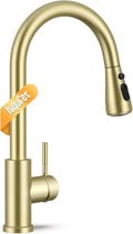 Hiqufet Brushed Gold Kitchen Faucet with Pull Down Sprayer, High Arc Faucet, Stainless Steel Modern RV Bar Sink Faucets for Pot Filler, Farmhouse Camper Bar Laundry, RV Bathroom