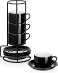 2.5oz Espresso Cups Set of 4, Porcelain Stackable Espresso Cups with Saucers and Metal Stand Set, Black Expresso Shots Cup Set