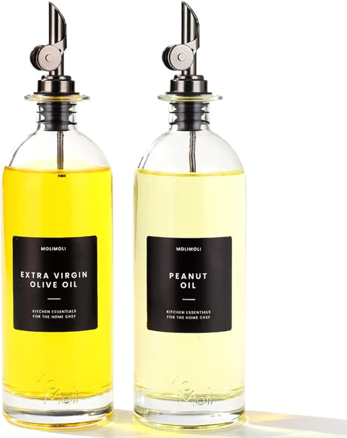 Molimoli Oil and Vinegar Dispenser with Metal Pour Spout, Weighted Pourer, Glass Bottle Dispenser for Kitchen | Weighted Stainless Steel Pourers, Pack of 4 (Pourers), 500ml Oil Bottles Black