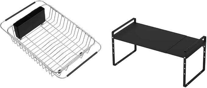 SANNO Expandable Dish Drying Rack Over The Sink Stainless Steel Dish Drainer Expandable Shelf Rack Kitchen Cupboard Shelf Spice Rack