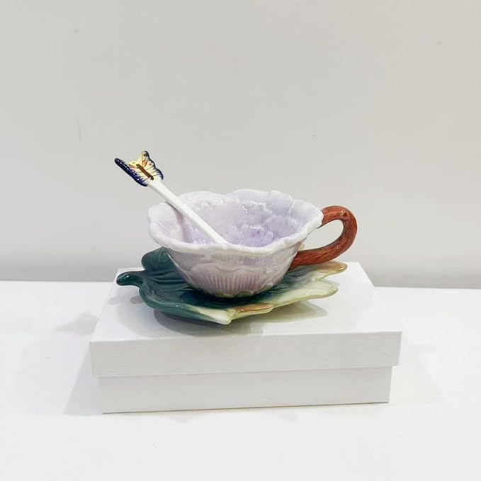Ceramic Tea Cup and Saucer Set ，6OZ 3D Hand-painted Peony Flower Coffee Mug，Gift for Women -Purple