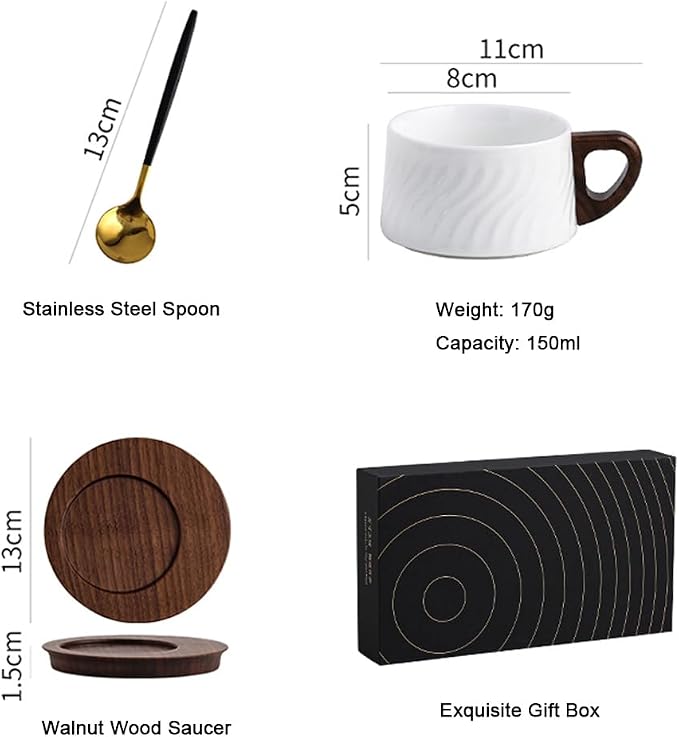 5oz/150ml Cappuccino Cup and Saucer Set, White Porcelain Cup with Walnut Wood Saucer, Espresso Coffee Mug, Couple Cups set of 2 with gift box (SYJ-TCG005)