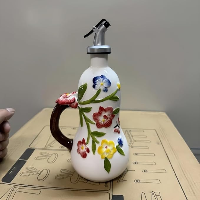 18.26oz/540ml Decorative Olive Oil Dispenser Bottle for Kitchen,Hand Painted Relief Ceramic Olive Oil Bottle,Ceramic Oil Container (Handmade Flowers)