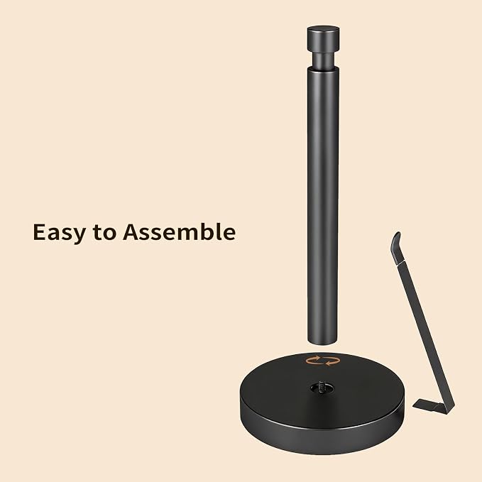 YUMORE Heavy Duty Stainless Steel Paper Towel Holder – Easy One-Handed Tear, Weighted Base Non-Slip, Tension Arm Prevents Unraveling, Countertop Paper Stand for Kitchen, Fits Most Size Rolls (Black)