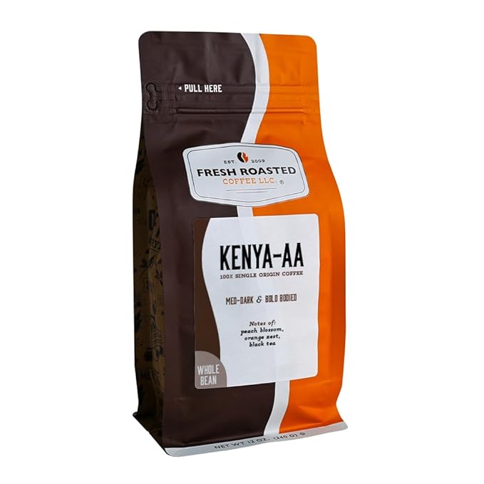 Fresh Roasted Coffee, Kenya AA Whole Bean Coffee, Med-Dark Roast, Kosher, 12 oz