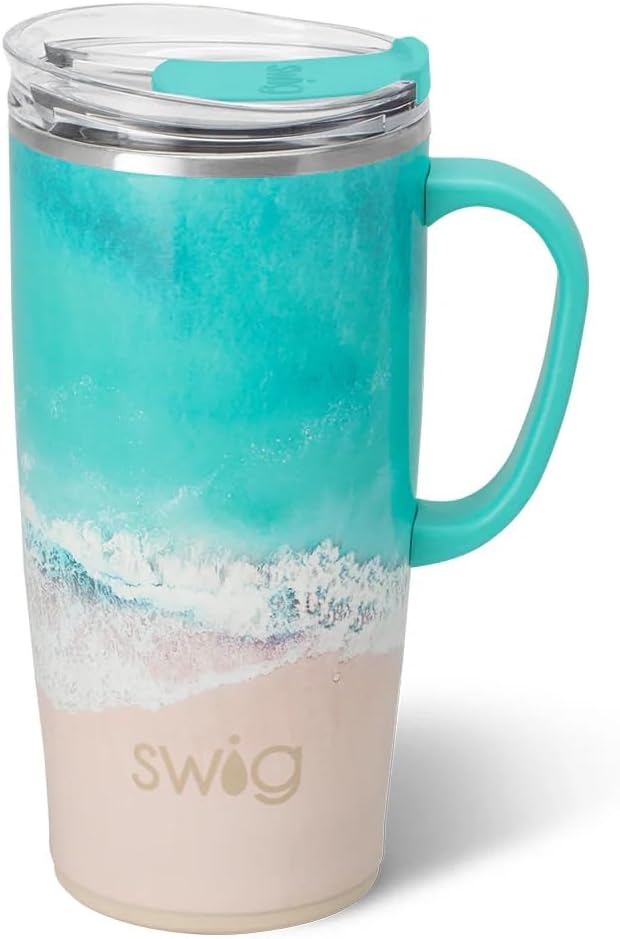 Swig Life 22oz Travel Mug, Insulated Tumbler with Handle and Lid, Travel Coffee Mug, Cup Holder Friendly, Stainless Steel 22 oz Tumbler, Reusable Insulated with Lid (High Tide)