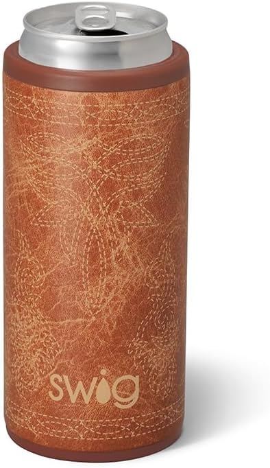 Swig Life Skinny Can Cooler, 12oz Insulated Slim Can Holder, Stainless Steel Cans Cooler, Covers for Tall Beer Bottles, Beach Accessories for Women (Saddle Stitch Cognac)