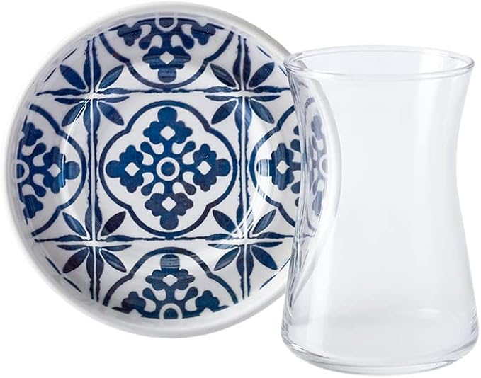 KARACA Mavili Turkish Tea Cups Set - 12 Piece Turkish Tea Glasses and Stoneware Saucers - Authentic Glass Drinking Sets for 6 People - Ideal Adult Teacup Set (170 ml)