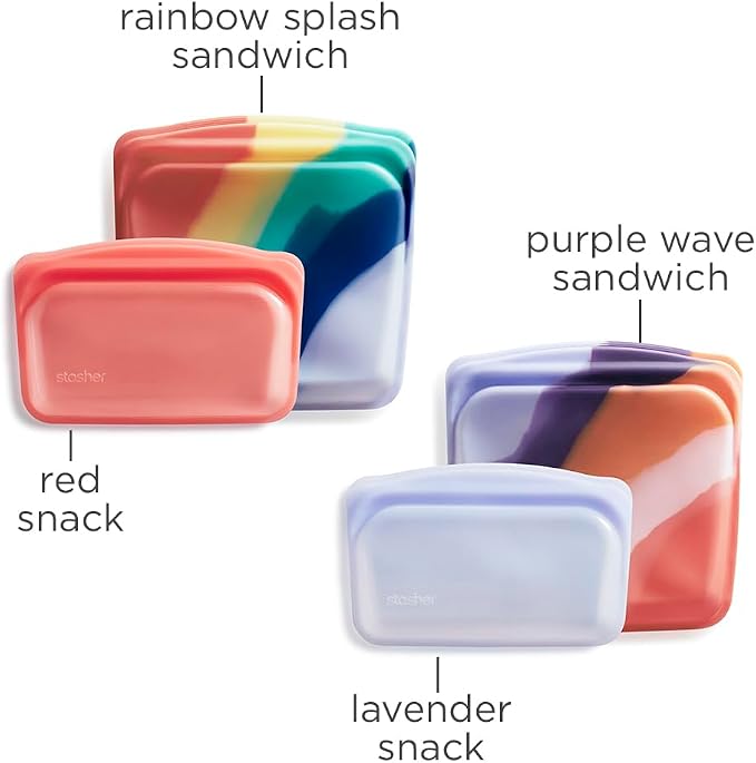 Stasher Silicone Reusable Storage Bags, 4-Pack, Reusable Freezer Bags, Microwave, Dishwasher, Oven Safe, Sous Vide, Premium Lunch Containers, Eco Friendly, Food Storage Bags, Snack Bags, Multicolor