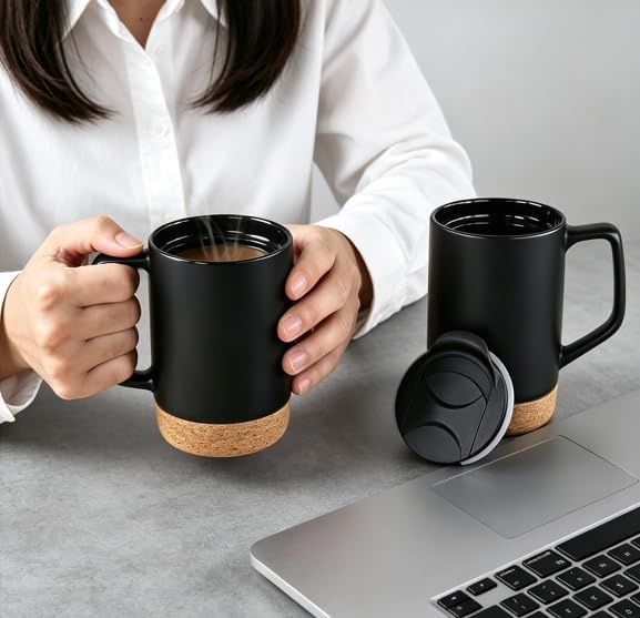 Ceramic Coffee Mug Set of 2, 17 OZ Large Coffee Mug with Removeable Cork Bottom and Splash Proof Lid, Large Handle Coffee Mugs (Matte Black) | Removable Cork Bottom,Splash Proof Lid,Large Handle,For Coffee,Tea,Hot Chocolate