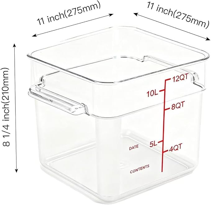 4 Pack Food Storage Containers with Red Lids, 12.0 Qt - Square, Clear, Polycarbonate, for Restaurant Commercial Kitchen and Home party