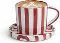 Festive Red and White Striped Ceramic Coffee Mug and Saucer Set, 200ml Latte & Tea Cup Gift for Holidays (Red)
