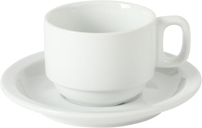Gibson Home Gracious Dining 7-Ounce Cappuccino Cups Set of 4, Stackable Coffee Cups with 4 Saucers, Metal Stand, Coffee Mugs for Latte, Café, Mocha, Tea
