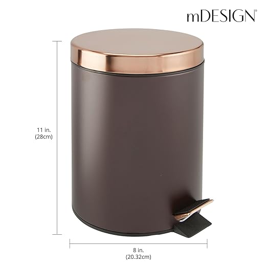 mDesign Pedal Bin - Metal Waste Bin with Pedal, Lid and Plastic Bucket Insert - Perfect for Bathroom, Kitchen, and Office - Ergonomic Design - Bronze/Rose Gold