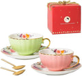Porcelain Tea Cup with Saucers and Spoon, 2 Sets of 8 Oz Floral Coffee Mug with Gold Trim Holder, Royal Ceramic Teacup Set, Espresso Latte Mugs for Wedding Birthday Table Supplies (Pink + Apple Green)