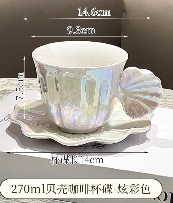 Pearl Shell Ceramic Coffee Mug with Shell Coaster Set for Tea Latte Milk Cute Cup with Saucer for Home Office Women Gift 6.5 oz (white S, 270 ml)