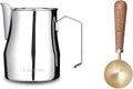 Easyworkz Espresso Steaming Pitcher Stainless Steel 15 oz Latte Art Cup, Bundled with Easyworkz Retro Stainless Steel Coffee Spoon With Black Walnut Handle,10g - Measuring Spoon (Brushed gold)