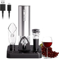 COKUNST Electric Wine Opener Set, 4-in-1 One-click Button Bottle Openers with Wine Pourer, Vacuum Stoppers, Foil Cutter for Wine Lovers Home Kitchen Party Wedding Bar - USB Rechargeable (Silver)