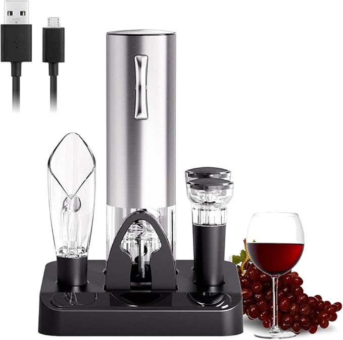 COKUNST Electric Wine Opener Set, 4-in-1 One-click Button Bottle Openers with Wine Pourer, Vacuum Stoppers, Foil Cutter for Wine Lovers Home Kitchen Party Wedding Bar - USB Rechargeable (Silver)