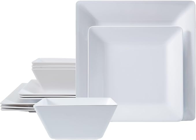 TP 12-Piece Melamine Dinnerware Sets, Plates and Bowls Dishes Set for 4, Break-Resistant & Non-Microwavable, Lightweight Square Dinner Plates, White