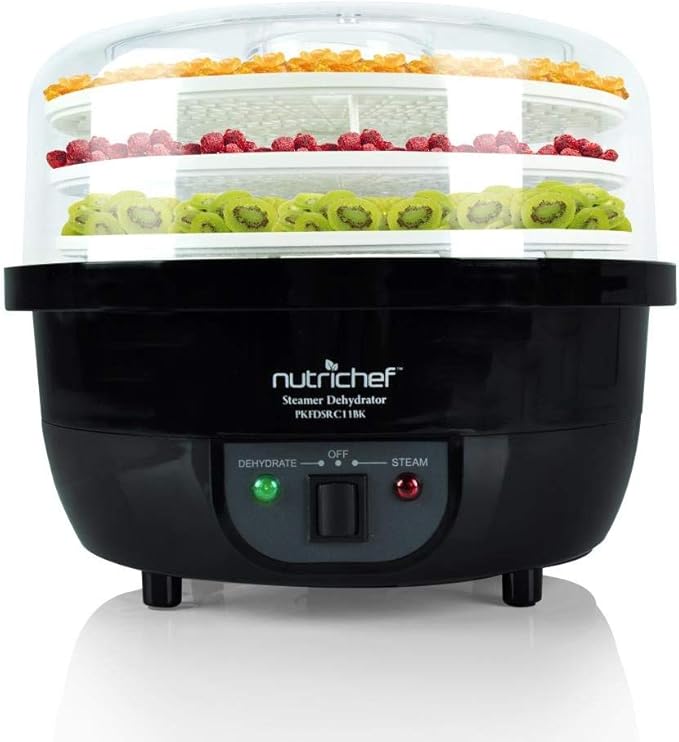 NutriChef Food Dehydrator Machine and Professional Electric Steamer, Cooker, Meat Preserver, Beef Jerky Maker, Fruit Dryer, Steams Rice and Vegetables with Stackable Trays in Black - (PKFDSRC11BK)