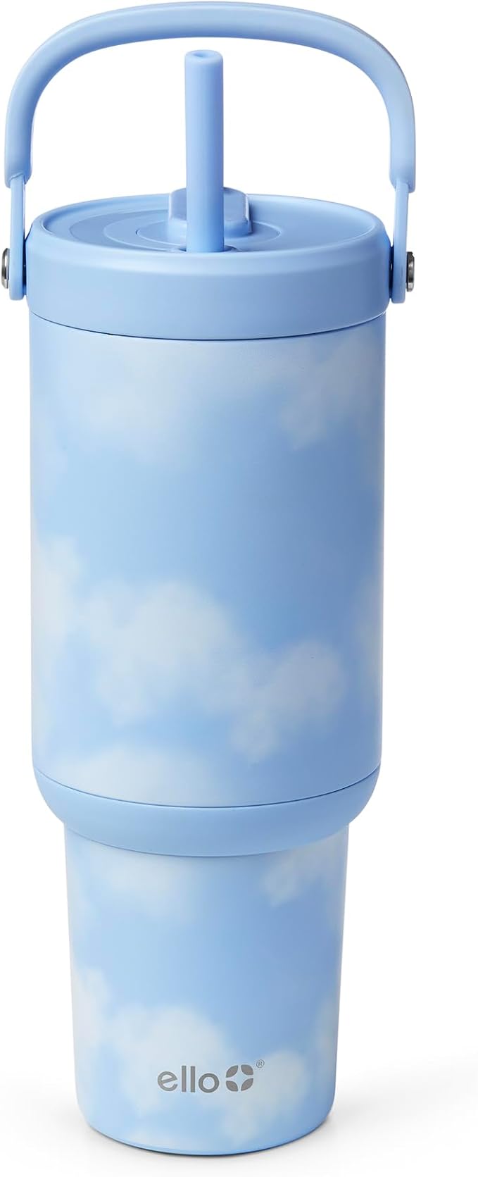 Ello Oasis Go+ 32oz Tumbler with Top Handle and Retracting Straw | Reusable Insulated Stainless Steel Cup, 100% Leakproof Water Bottle, 24 Hours Cold, Cup Holder Friendly For Travel | In The Clouds