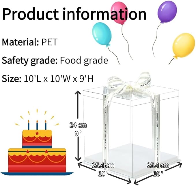 5-Pack 10-Inch Square Cake Box (10'x10'x9' inch) with Silk Ribbon Elegant Transparent Container for Whole Cakes, Celebrations, and Bakery Gifts – Includes White Plastic Base