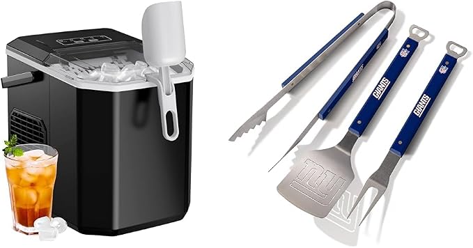 Silonn Ice Maker Countertop, Portable Ice Machine with Carry Handle & YouTheFan NFL New York Giants Spirit Series 3-Piece BBQ Set, Stainless Steel, 22" x 9"