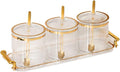 Acrylic Condiment Spice Jars and Box with Lids, Spoons, Tray - 3 Pack, Clear Plastic Canisters, Seasoning Box Set for Salt, Paprika, Sugar - Kitchen Storage