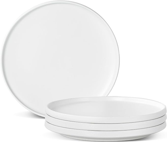 Ceramic Dinner Plates, 10.25 Inch, Set for 4, Modern White | Flat Dish Design, Microwave & Dishwasher Safe, Perfect for Family and Entertaining, For Steak, Sandwiches, Pizza, Pasta