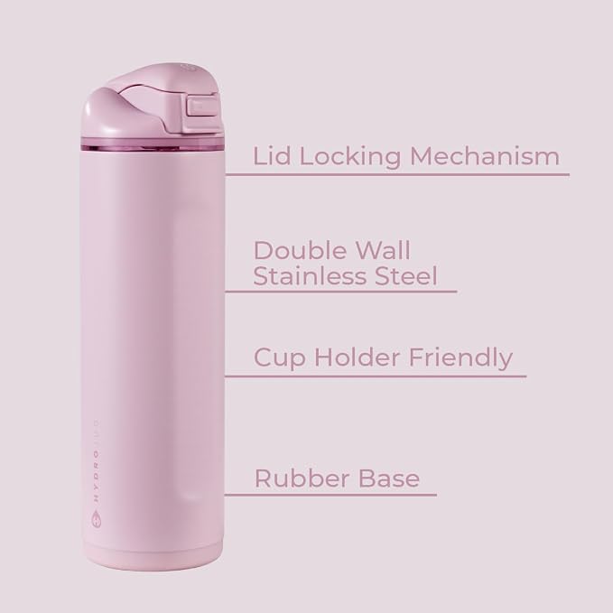 HydroJug Ease2o Water Bottle with Straw & Chug Lid, Stainless Steel, Vented Cap to Help Reduce Pressure, Water-Level Window, Cup Holder Friendly, Non-Slip Base – 24oz, Sweet Pea