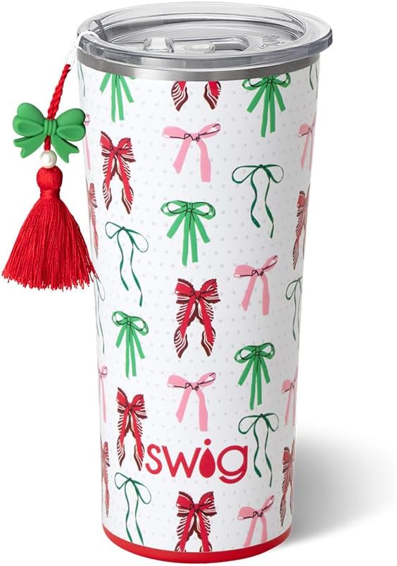 Swig Life 22oz Insulated Tumbler, Travel Coffee Tumbler with Lid, Cup Holder Friendly Travel Coffee Mug, Stainless Steel (Ribbons and Bows)