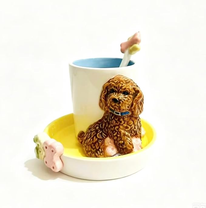 Ceramic Animal Coffee Mug Cup and Saucer Set，200ML(6.8OZ) 3D Hand-painted Tea Cup with Spoon (Reddish Brown)