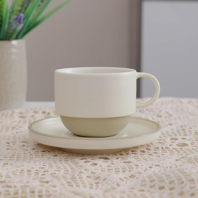 Little minimalist ceramic pottery tea cup with saucer, espresso cup | Matte white,Durable,Microwave and dishwasher safe, stoneware demitasse cup for lungo,cortado,Matcha, Americano