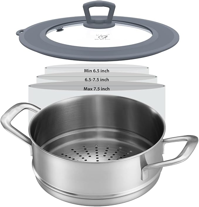 Vented Tempered Glass Universal Lid for Pot Pan Skillet with Heat Resistant Silicone Rim Microwave Splatter Lid Cover Microwave Safe Fit 6.5" 7" 7.5" Cookware, Dishwasher Safe Light Grey