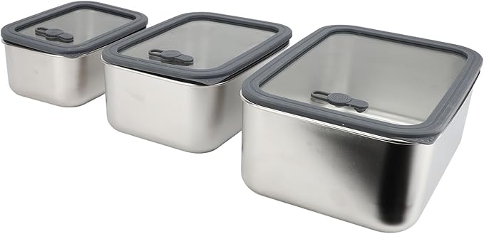 3PCS Food Storage Container Set 304 Stainless Steel Food Prep Container Lunch Box with Airtight Glass Lid for Kitchen