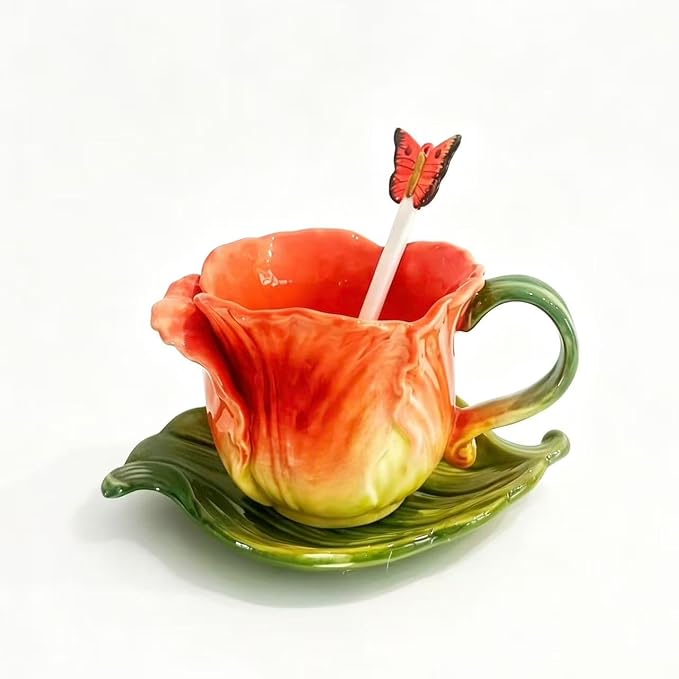 Ceramic Tea Cup and Saucer Set ，6OZ 3D Hand-Painted Flower Coffee Mug，Gift for Women -Orange Tulip