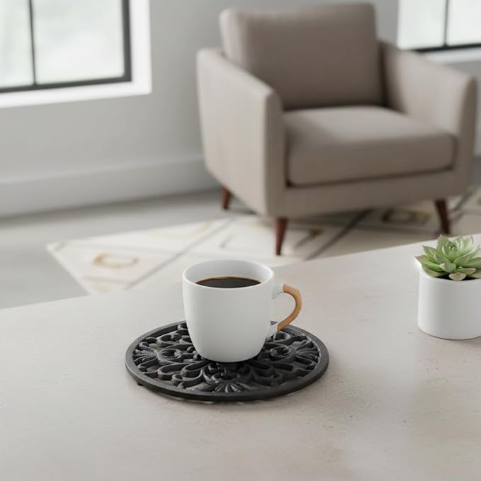 Comfy Hour 7" Decorative Cast Iron Trivet, Round Mandala Hot Pot Holder for Kitchen, Vintage Style Teapot Stand and Hot Pad, Rugged Table Protector for Hot Dishes, Black Finish, 1 Piece