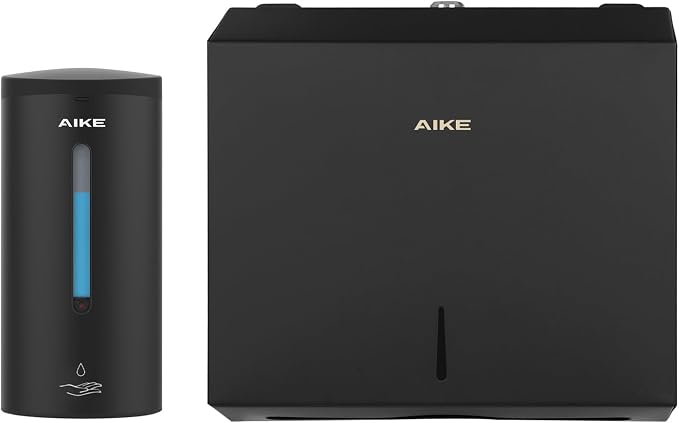 AIKE Automatic Commercial Soap Dispenser and Wall Mount Paper Towel Dispenser Bundle, Model AK1205& AK5180 Black