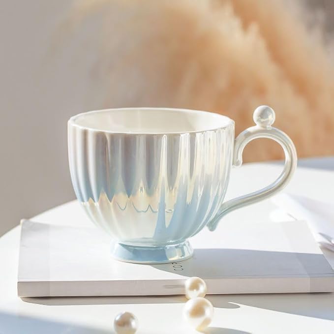 Pearl Shell Ceramic Coffee Mug with Coaster Set for Tea Latte Milk Cute Cup with Saucer for Home Office Women Gift 6.5 oz (Shell Gradient Blue, 240 ml)