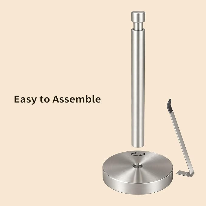 YUMORE Heavy Duty Stainless Steel Paper Towel Holder – Easy One-Handed Tear, Weighted Base Non-Slip, Tension Arm Prevents Unraveling, Countertop Paper Stand for Kitchen, Fits Most Size Rolls (Silver)