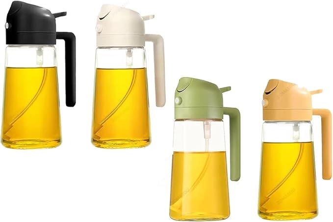 2-in-1 Oil Sprayer & Pourer – 16oz / 500ml Oil Bottle for Kitchen, BBQ, Baking, Salad – Black/White/Green/Yellow(Mix 4Pcs)