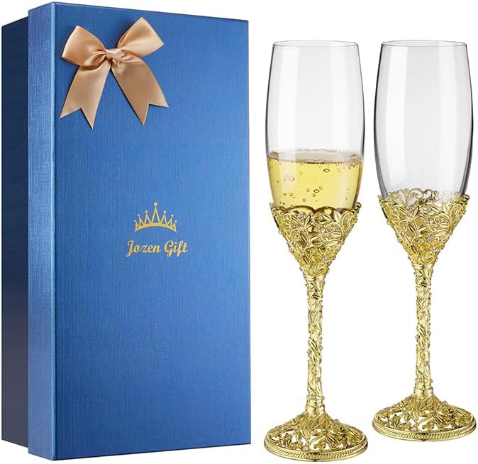 Champagne Flutes -His and Hers,Wedding Toasting Glasses for Engagement Celebrations, Bridal Shower and Registry Idea, Tall Wine Glasses for Bride and Groom Gifts,7oz (Gold New)