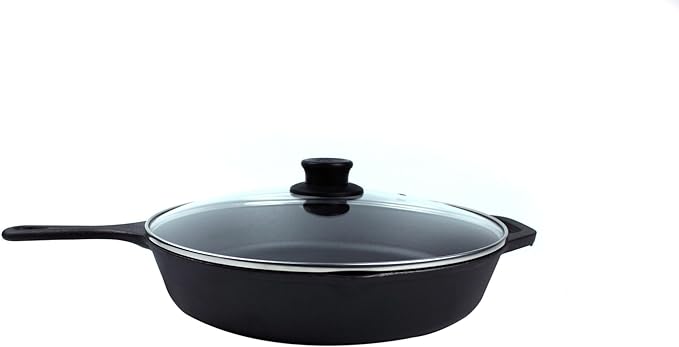 Crucible Cookware 12-Inch Cast Iron Skillet Set (Pre-Seasoned), Including Large & Assist Silicone Hot Handle Holders, Glass Lid, Cast Iron Cleaner Chainmail Scrubber, Scraper | Indoor & Outdoor Use