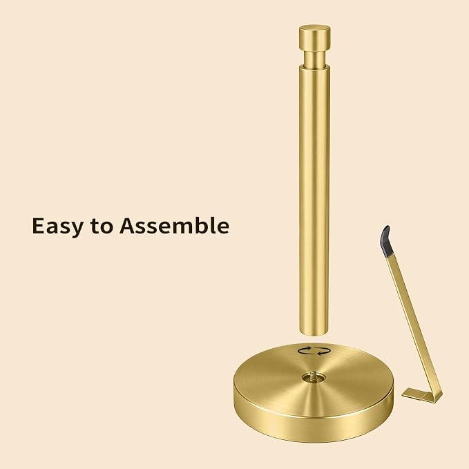 YUMORE Heavy Duty Stainless Steel Paper Towel Holder – Easy One-Handed Tear, Weighted Base Non-Slip, Tension Arm Prevents Unraveling, Countertop Paper Stand for Kitchen, Fits Most Size Rolls (Gold)
